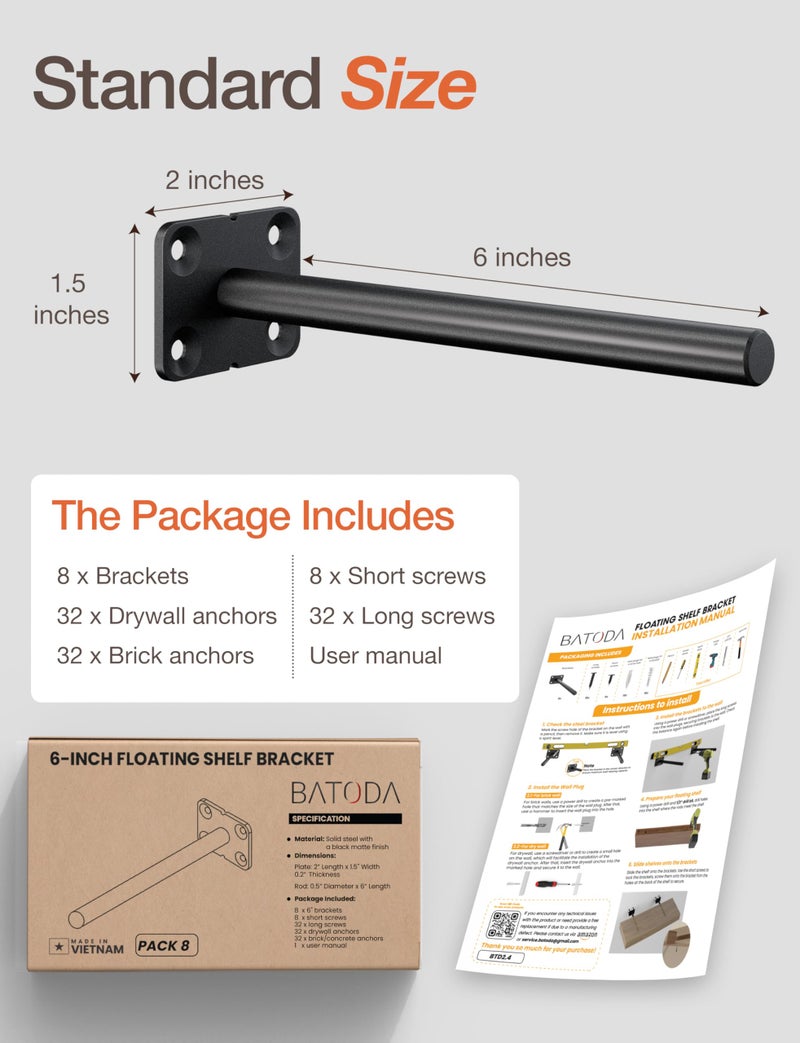BATODA - 6" Floating Shelf Bracket (8 pcs) - Solid Steel Blind Shelf Supports - Hidden Brackets for Floating Wood Shelves - Blind Shelf Support â€“ Shelving Mounting Hardware Included (Pack 8) - Image 2